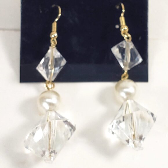 Clear Twisted Bead Drop Earrings w/ Off-White Accent Modern Statement Dangle - Picture 3 of 8